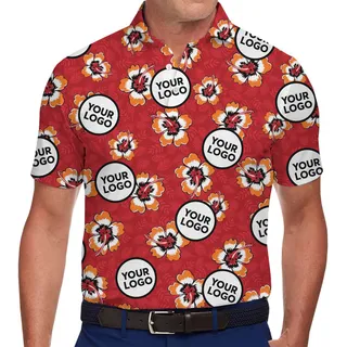 Red Hibiscus Hawaiian Print Polo Shirt With Easy Custom Logo