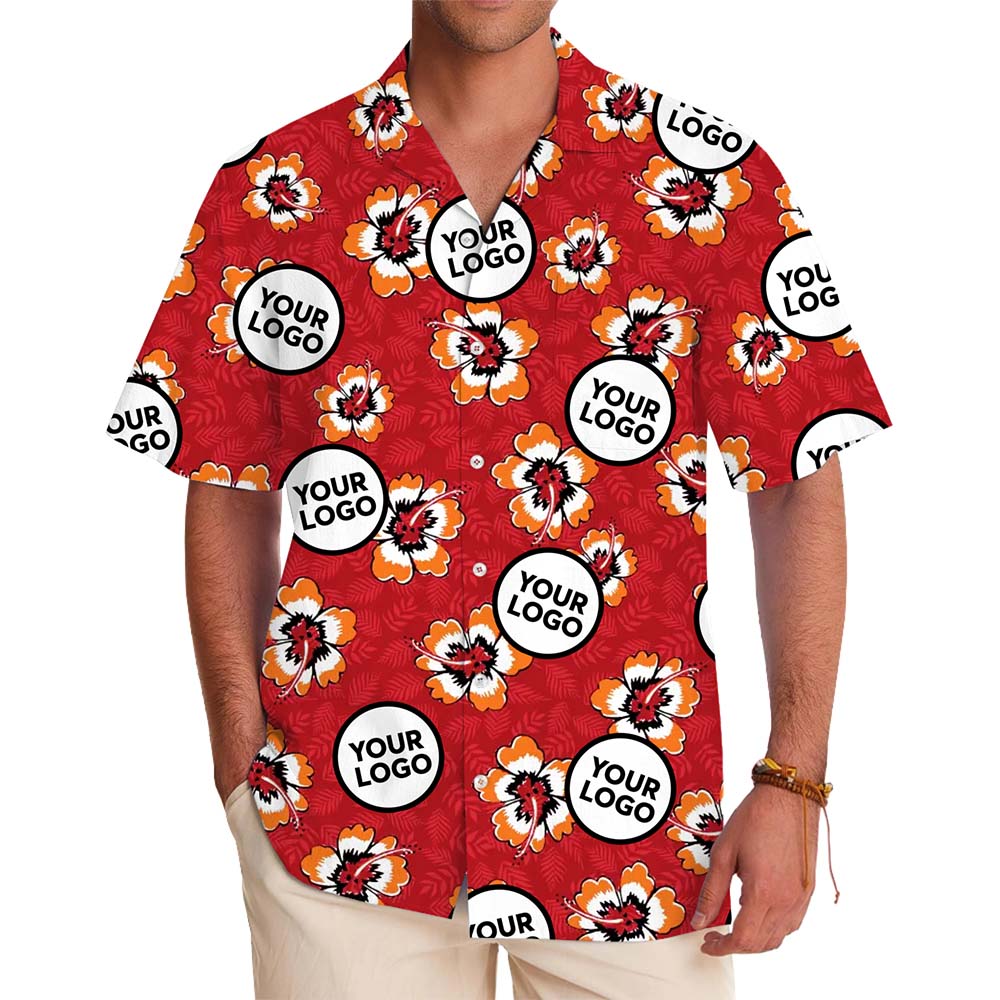 Red Hibiscus Hawaiian Shirt With Easy Custom Logo - variant image 1