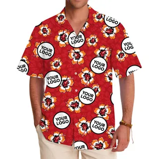 Red Hibiscus Hawaiian Shirt With Easy Custom Logo