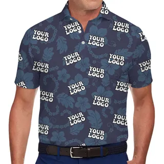 Stylish Blue Logo Polo Shirt with Floral Accents and Live Preview