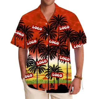Bold Tropical Logo Shirt with Sunset and Palm Tree Graphics