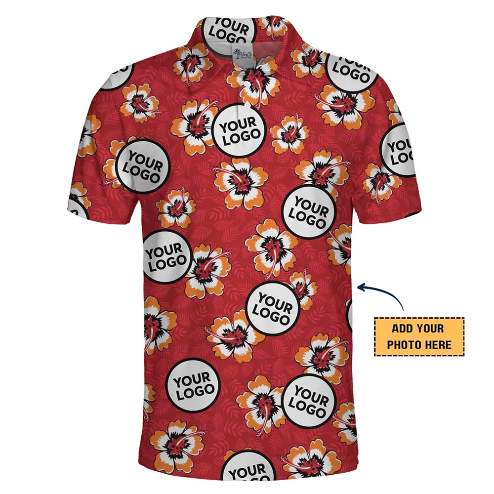 Red Hibiscus Hawaiian Print Polo Shirt With Easy Custom Logo