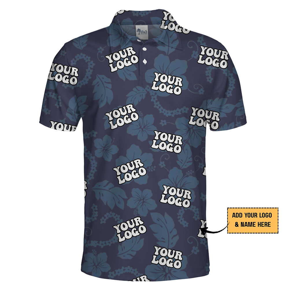 Stylish Blue Logo Polo Shirt with Floral Accents and Live Preview