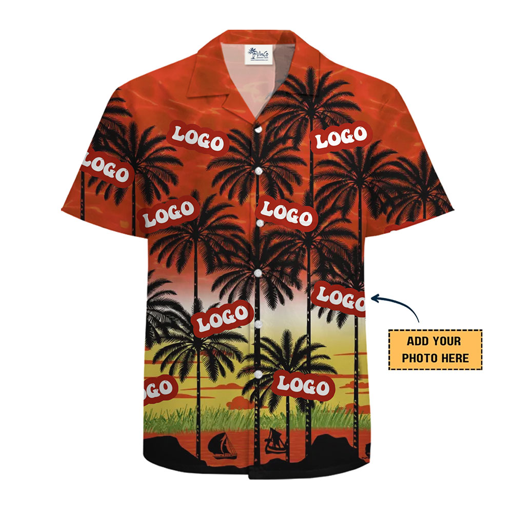 Bold Tropical Logo Shirt with Sunset and Palm Tree Graphics