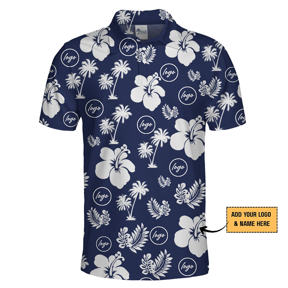 Custom Logo Hawaiian Polo Shirt with Hibiscus and Palm Design