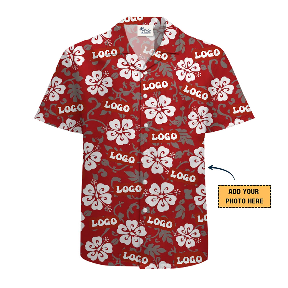 [Live Preview] Custom Red Hibiscus Hawaiian Shirt with Logo
