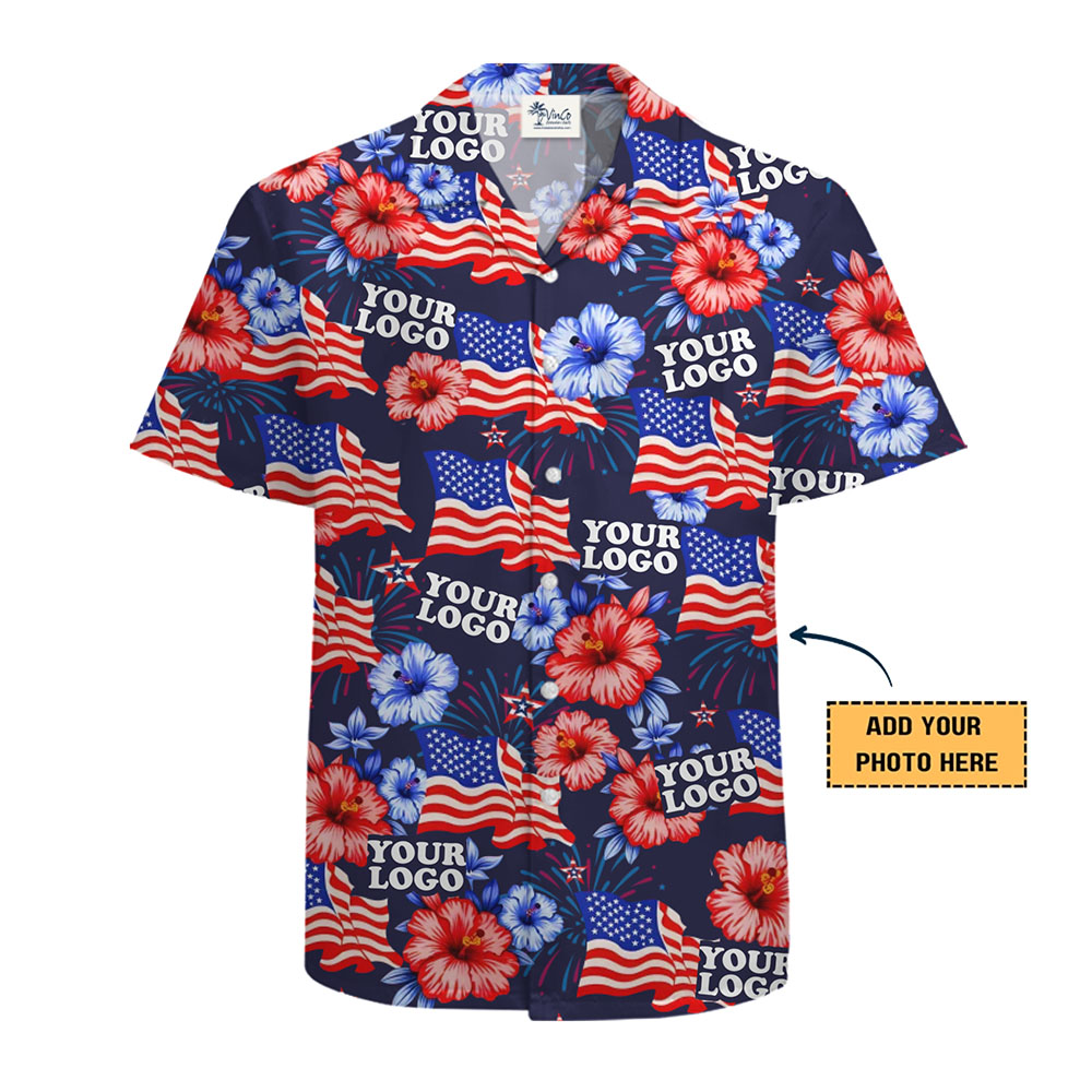 Custom American Flag Tropical Hawaiian Shirt with Logo