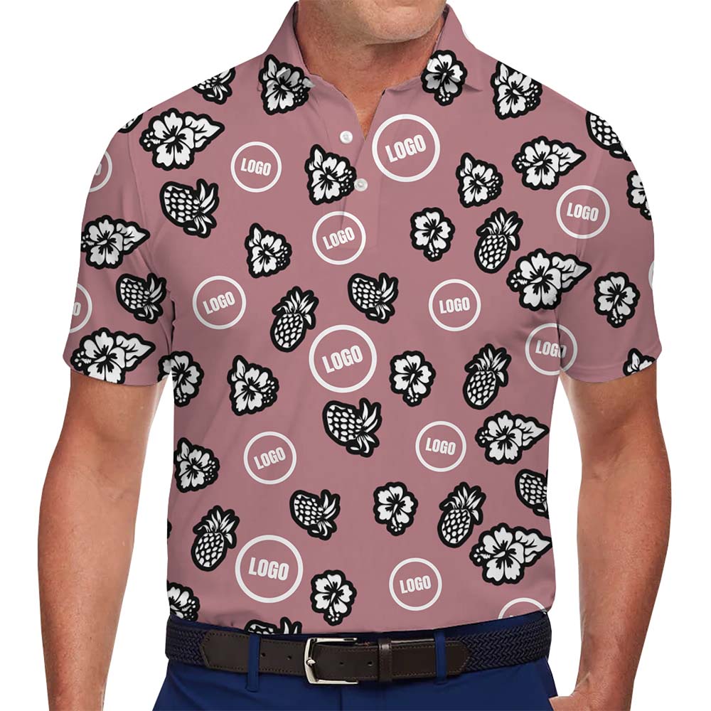 Plus Size Pink Polo Shirt With Pineapple Print And Custom Logo - variant image 1
