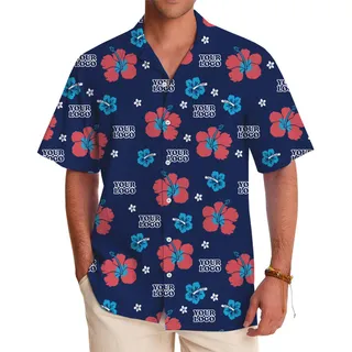 Custom Logo Navy Hibiscus Hawaiian Shirt With Preview