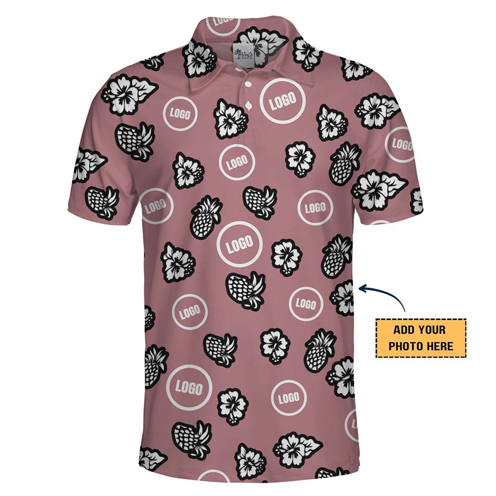 Plus Size Pink Polo Shirt With Pineapple Print And Custom Logo