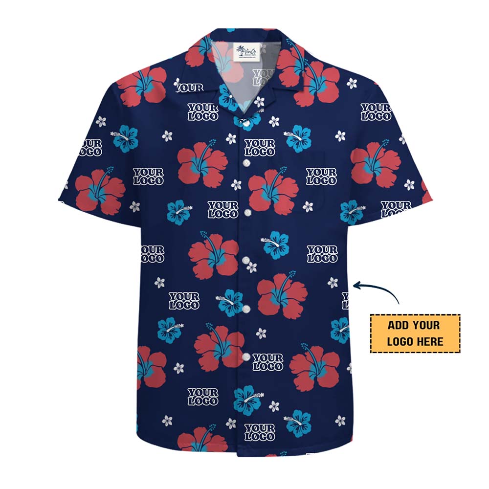 Custom Logo Navy Hibiscus Hawaiian Shirt With Preview