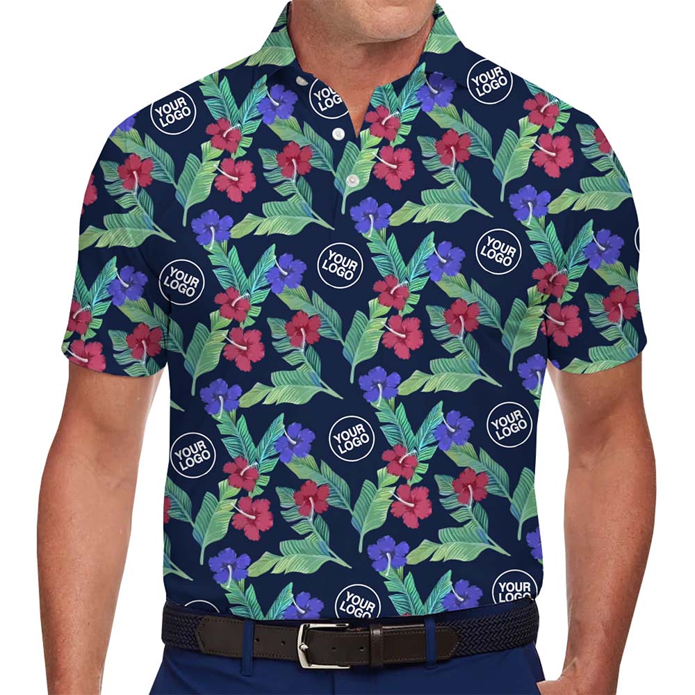 Classic Navy Hibiscus Hawaiian Polo Shirts With Custom Logo And Color - variant image 1