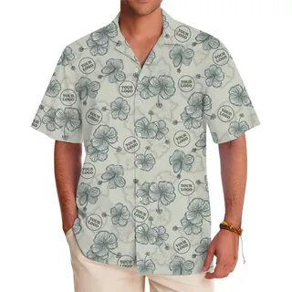 [Live Preview] Custom Logo Sage Green Hibiscus Hawaiian Shirt