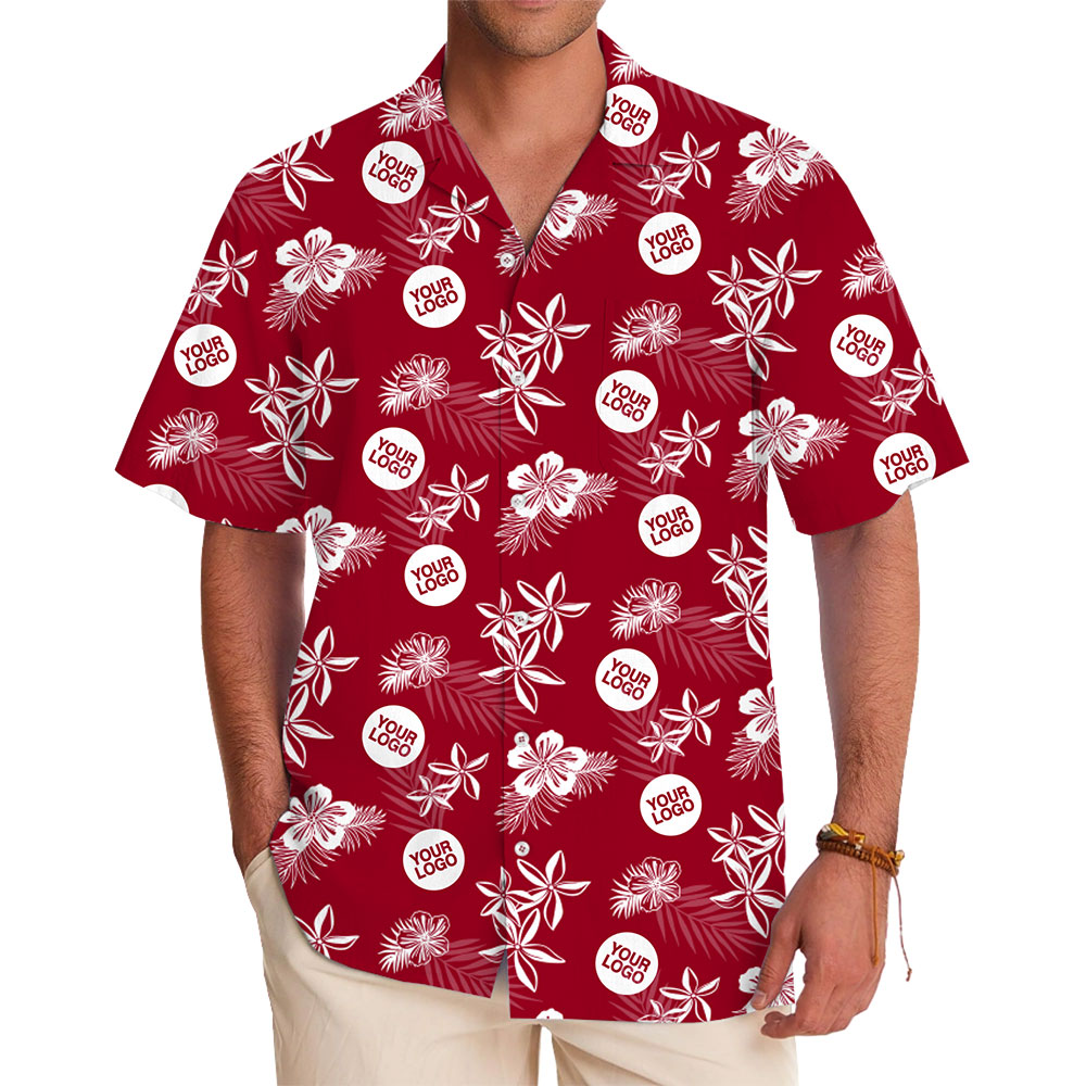 Red Tropical Button-Up with Repeating Business Logo - variant image 1