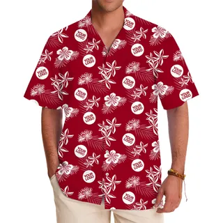 Red Tropical Button-Up with Repeating Business Logo