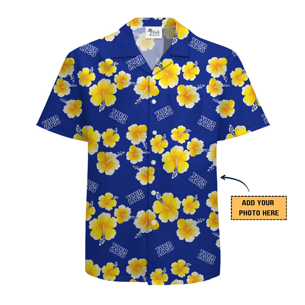 Custom Logo Aloha Shirt with Bold Yellow Flower Pattern and Live Preview