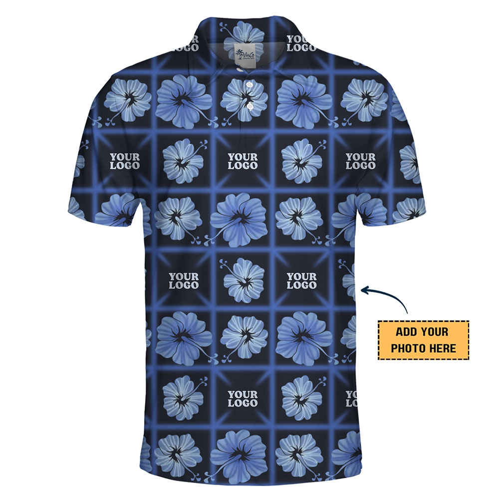 [Live Preview] Personalized Custom Logo Blue Tropical Polo Shirt