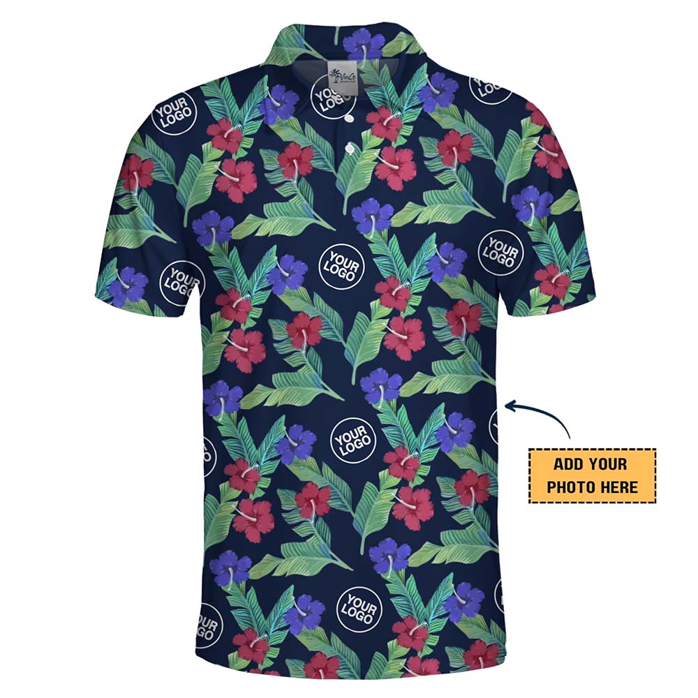 Classic Navy Hibiscus Hawaiian Polo Shirts With Custom Logo And Color