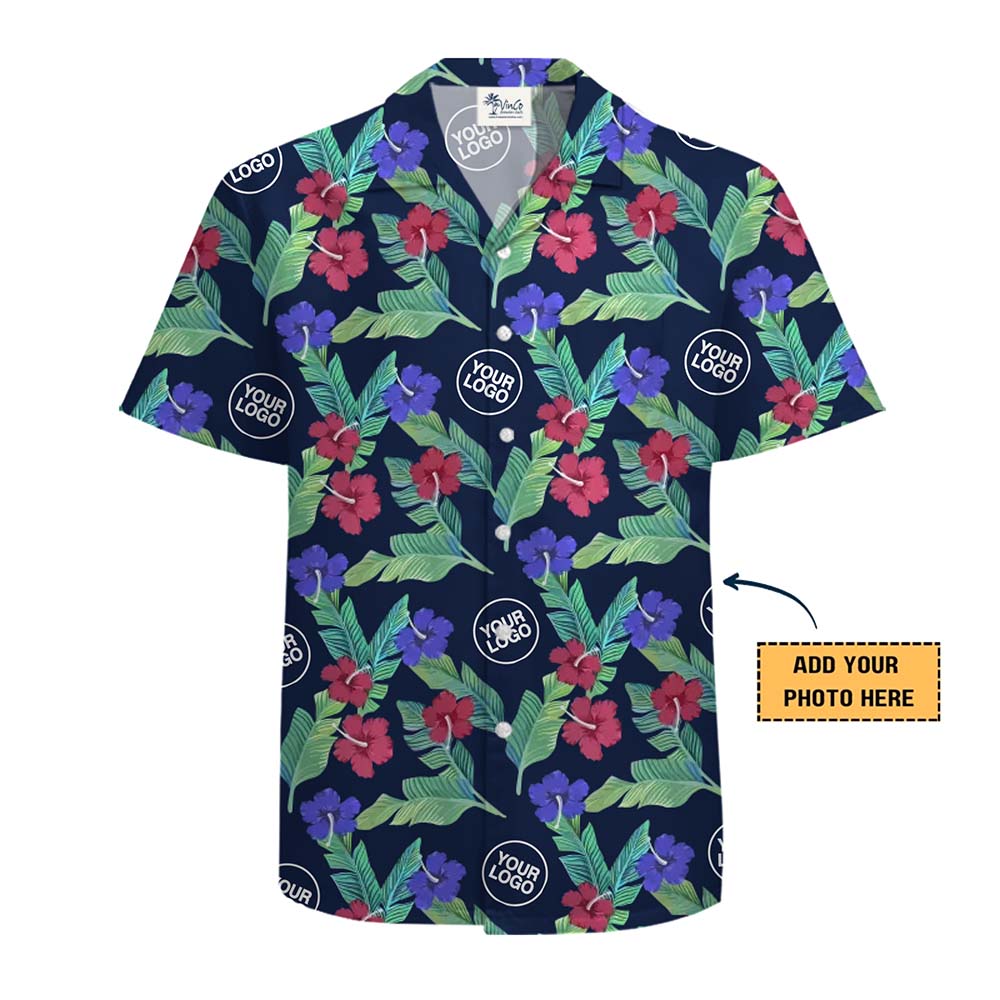 Classic Navy Hibiscus Hawaiian Shirt With Custom Logo And Color