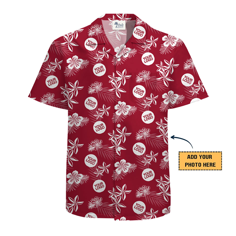 Red Tropical Button-Up with Repeating Business Logo
