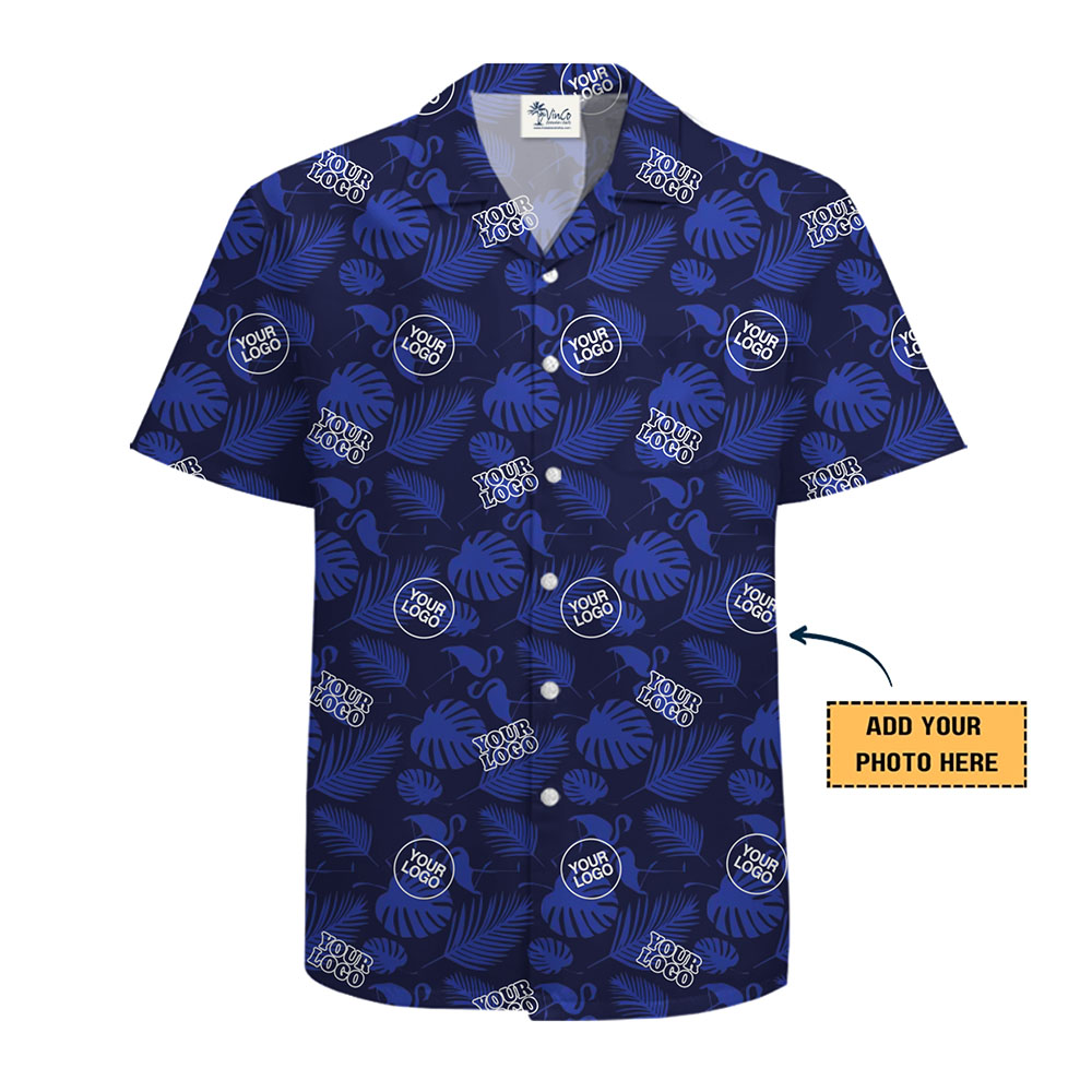 Custom Navy Tropical Leaf Hawaiian Shirt With Logo Live Preview