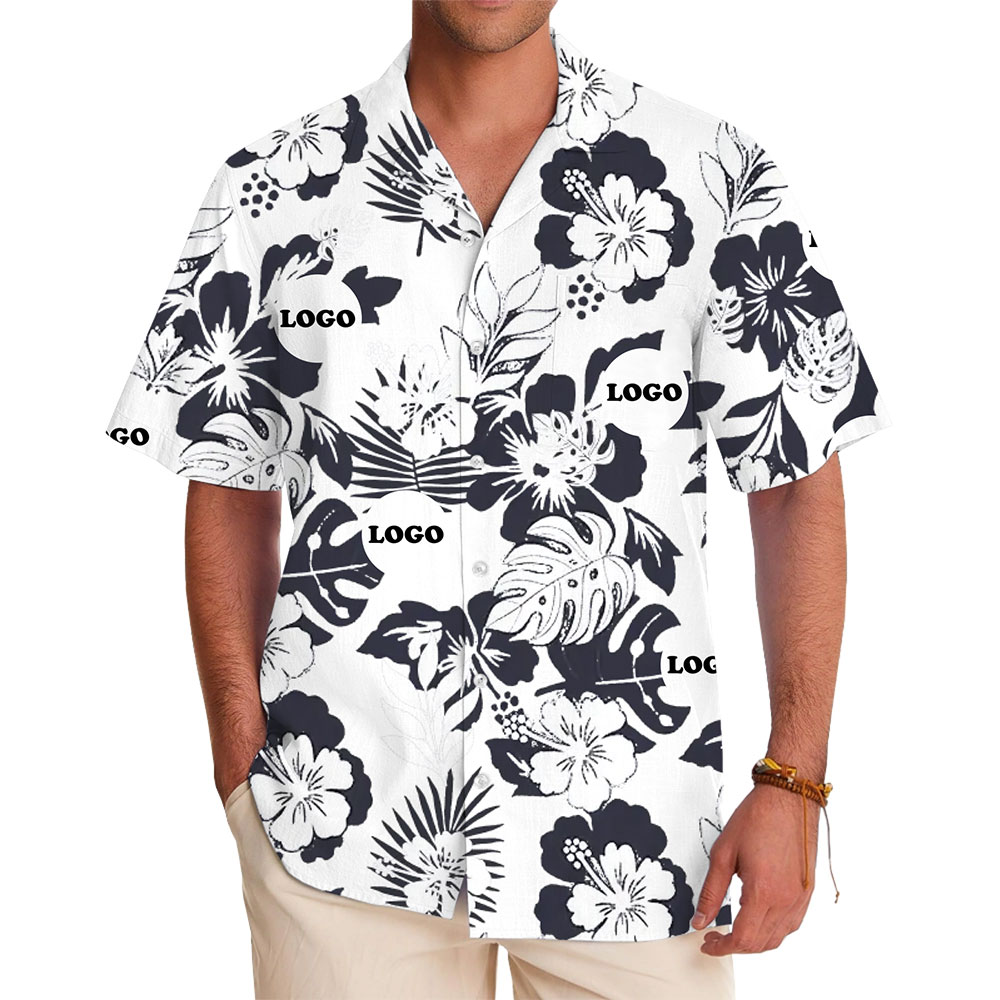 Black and White Aloha Shirt with Custom Logo and Unisex Tropical Vibe - variant image 1
