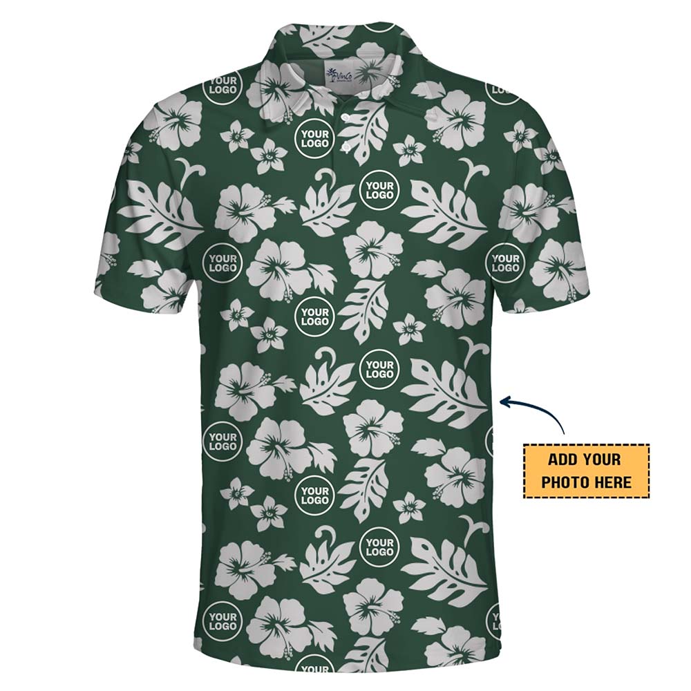 Custom Green Hibiscus Flower Polo Shirts With Photo