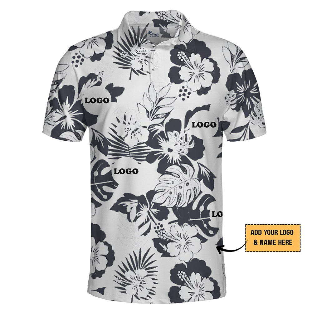 Black and White Logo Polo with Tropical Print for Team and Business Wear