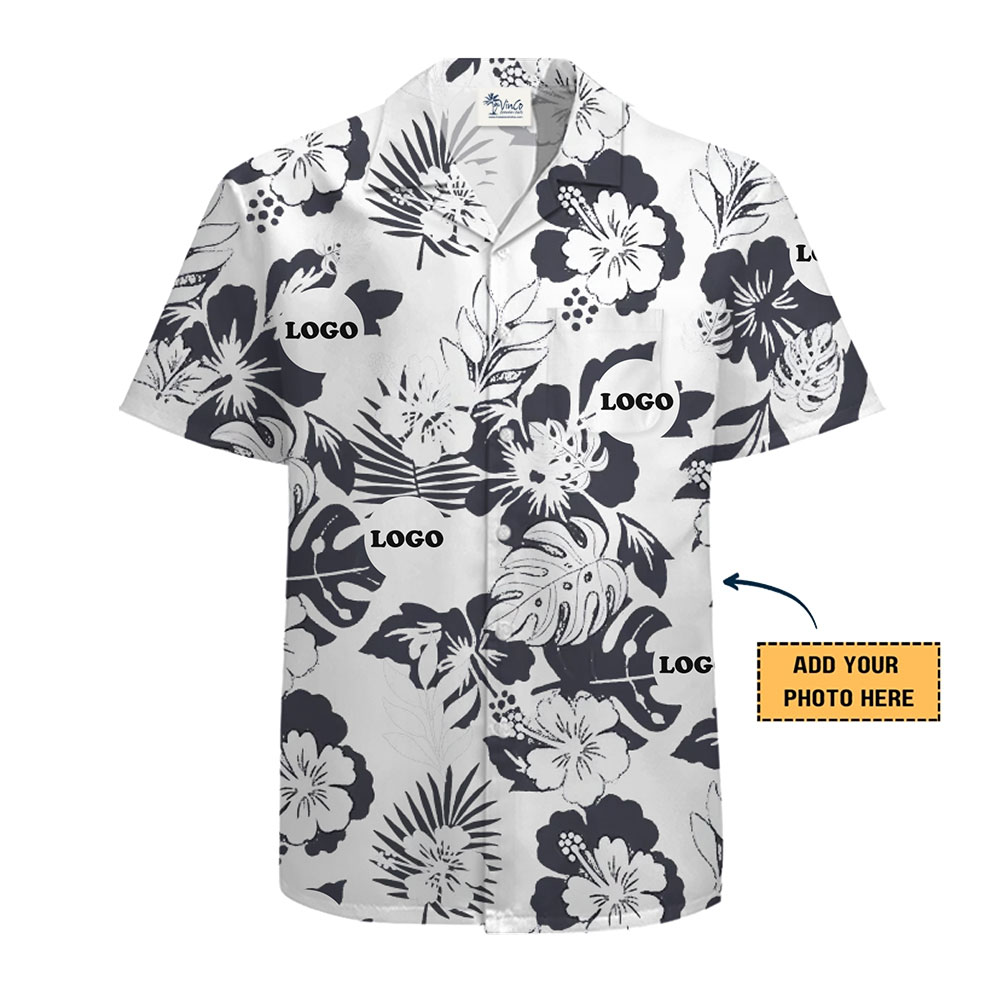 Black and White Aloha Shirt with Custom Logo and Unisex Tropical Vibe