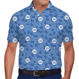 Custom Blue American Flag Polo Shirt with Logo – Patriotic Wavy Pattern with Live Preview