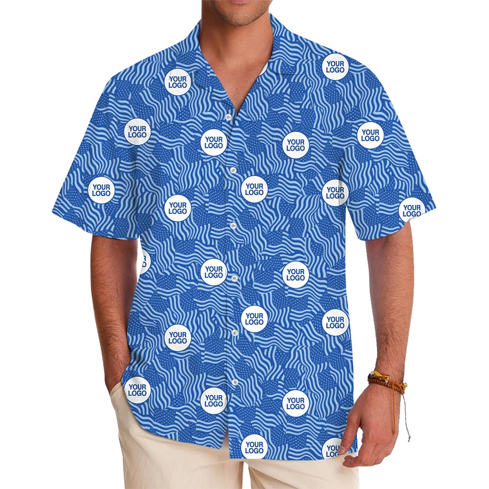 Custom Blue American Flag Hawaiian Shirt with Logo – Patriotic Wave Pattern with Instant Preview - variant image 1