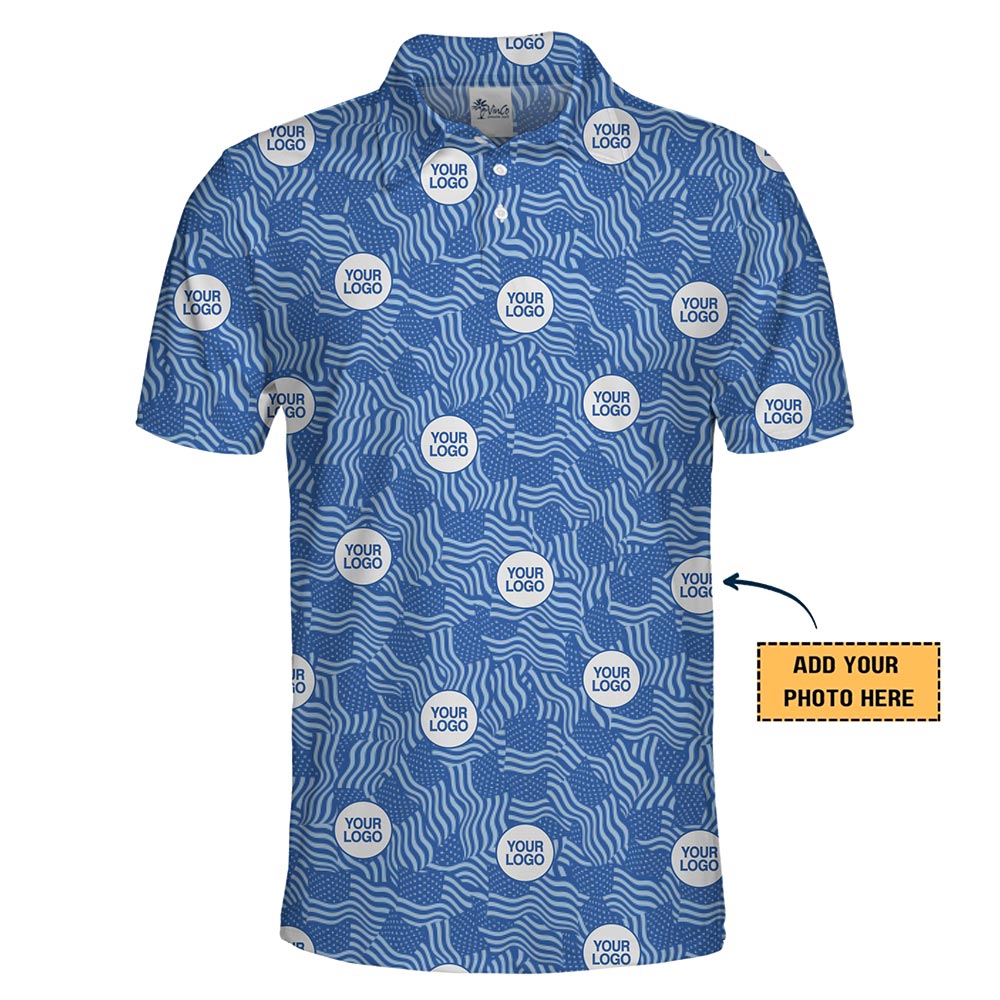 Custom Blue American Flag Polo Shirt with Logo – Patriotic Wavy Pattern with Live Preview