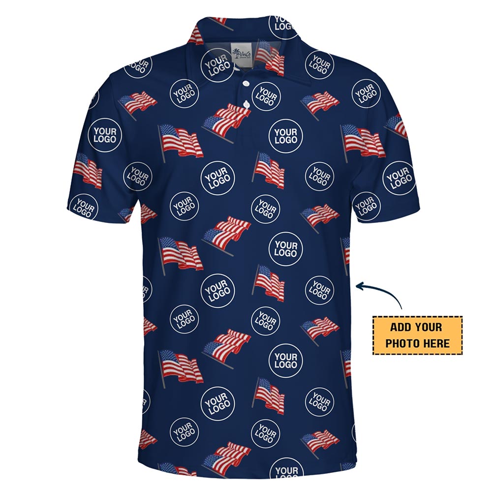 Custom American Flag Polo Shirt with Logo – Patriotic USA Design with Live Preview