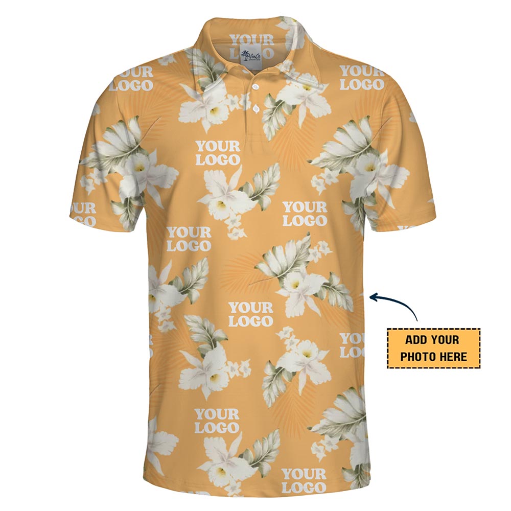Personalized White Orchid Hawaiian Floral Polo Shirt – Custom Logo Tropical Style