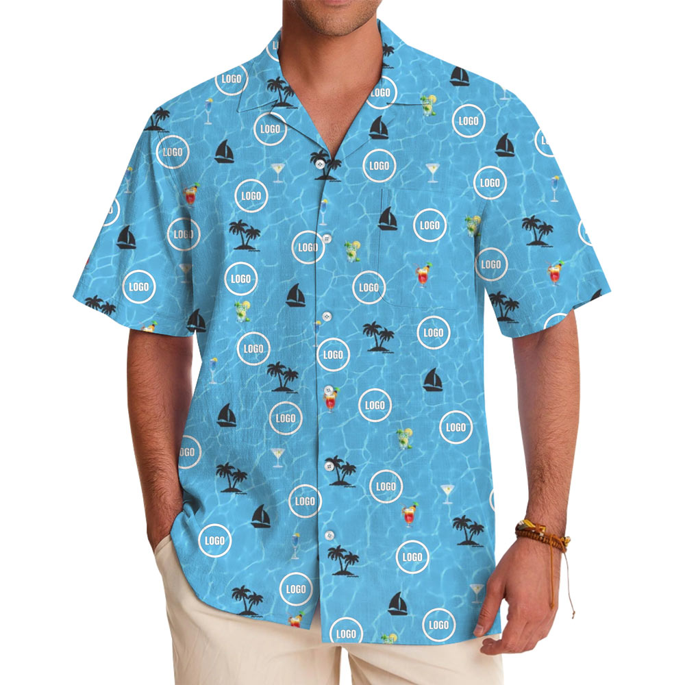 [Live Preview] Blue Ocean Wave Custom Logo Hawaiian Shirt - variant image 1