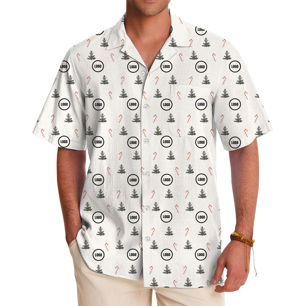 [Live Preview] Holiday Pine Christmas Candy Pattern Custom Logo Hawaiian Shirt - variant image 1