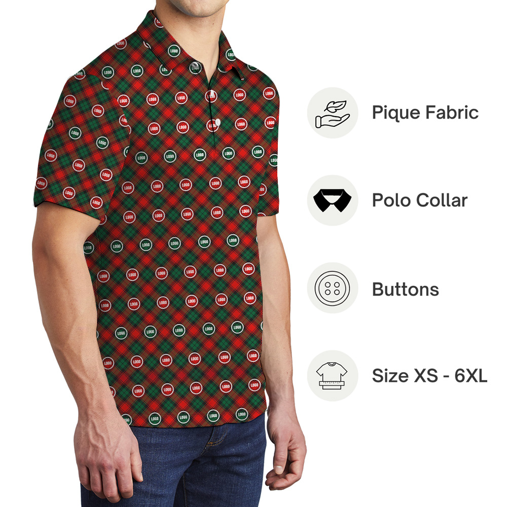 Christmas Plaid Custom Logo Red Polo Shirt