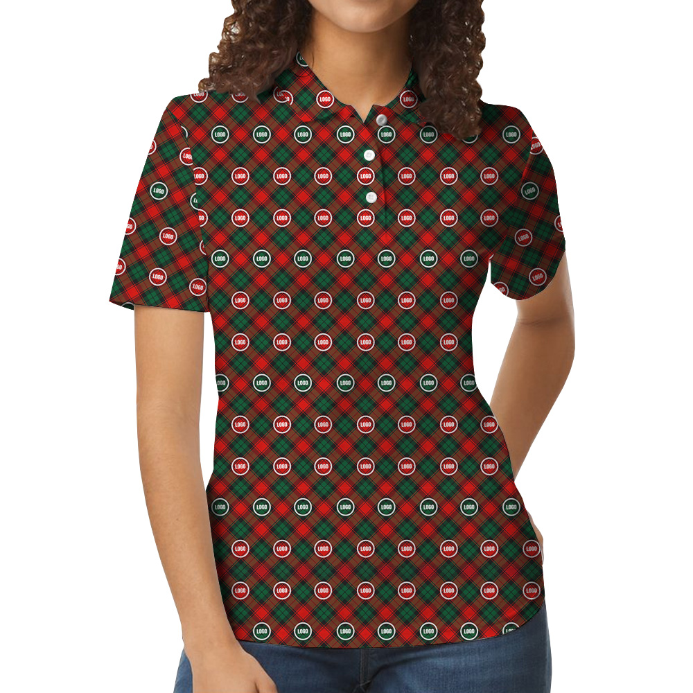 Christmas Plaid Custom Logo Red Polo Shirt