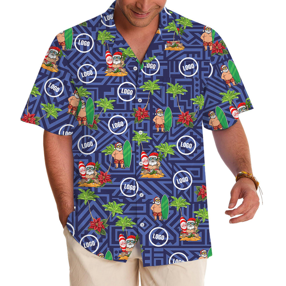 Geometric Blue Surfing Santa Tropical Hawaiian Shirt Christmas Custom Logo - variant image 1