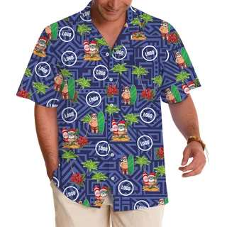 Geometric Blue Surfing Santa Tropical Hawaiian Shirt Christmas Custom Logo