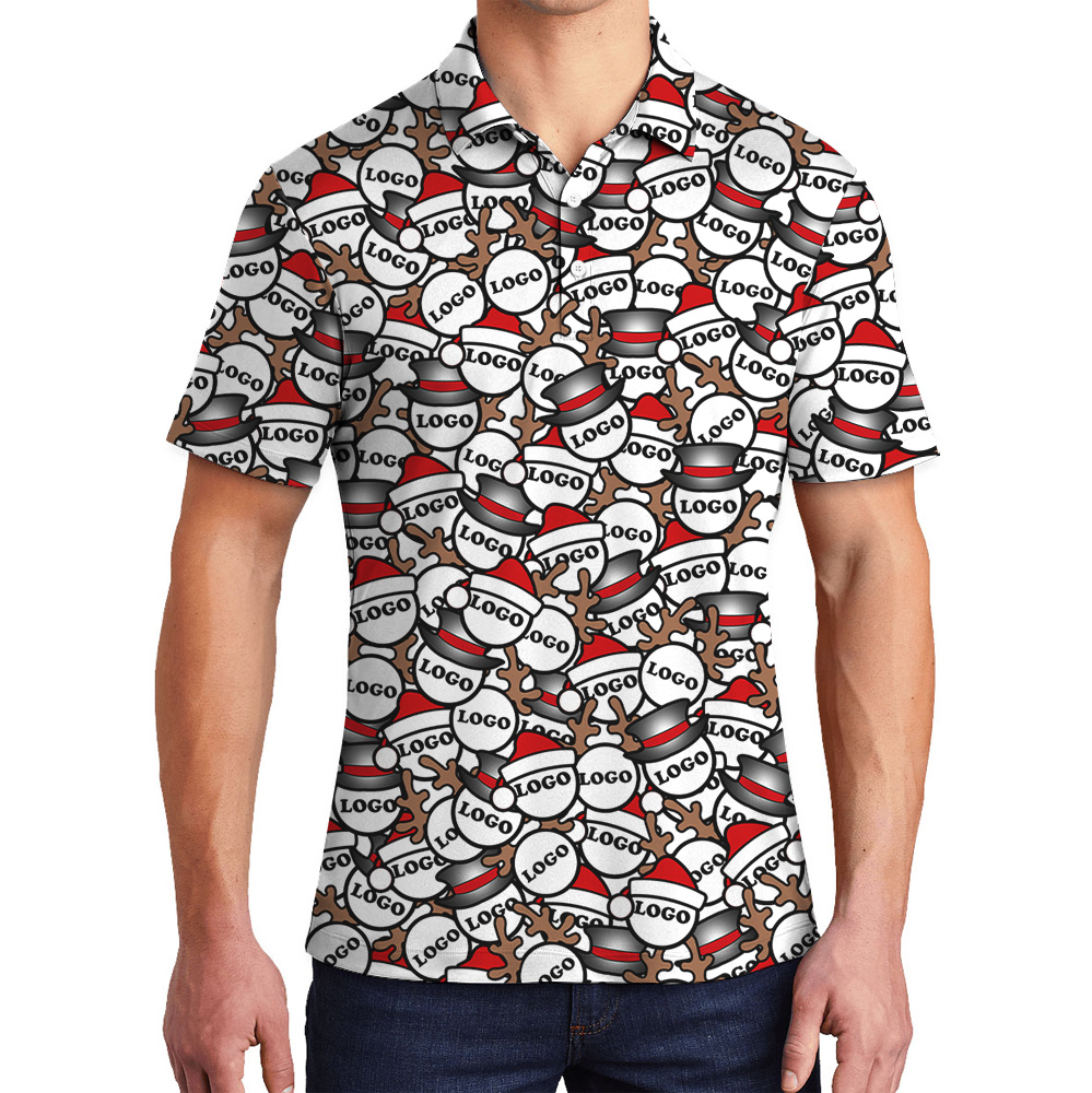 Santa And Antlers Repeat Pattern Polo Shirt Christmas Custom Logo - variant image 1