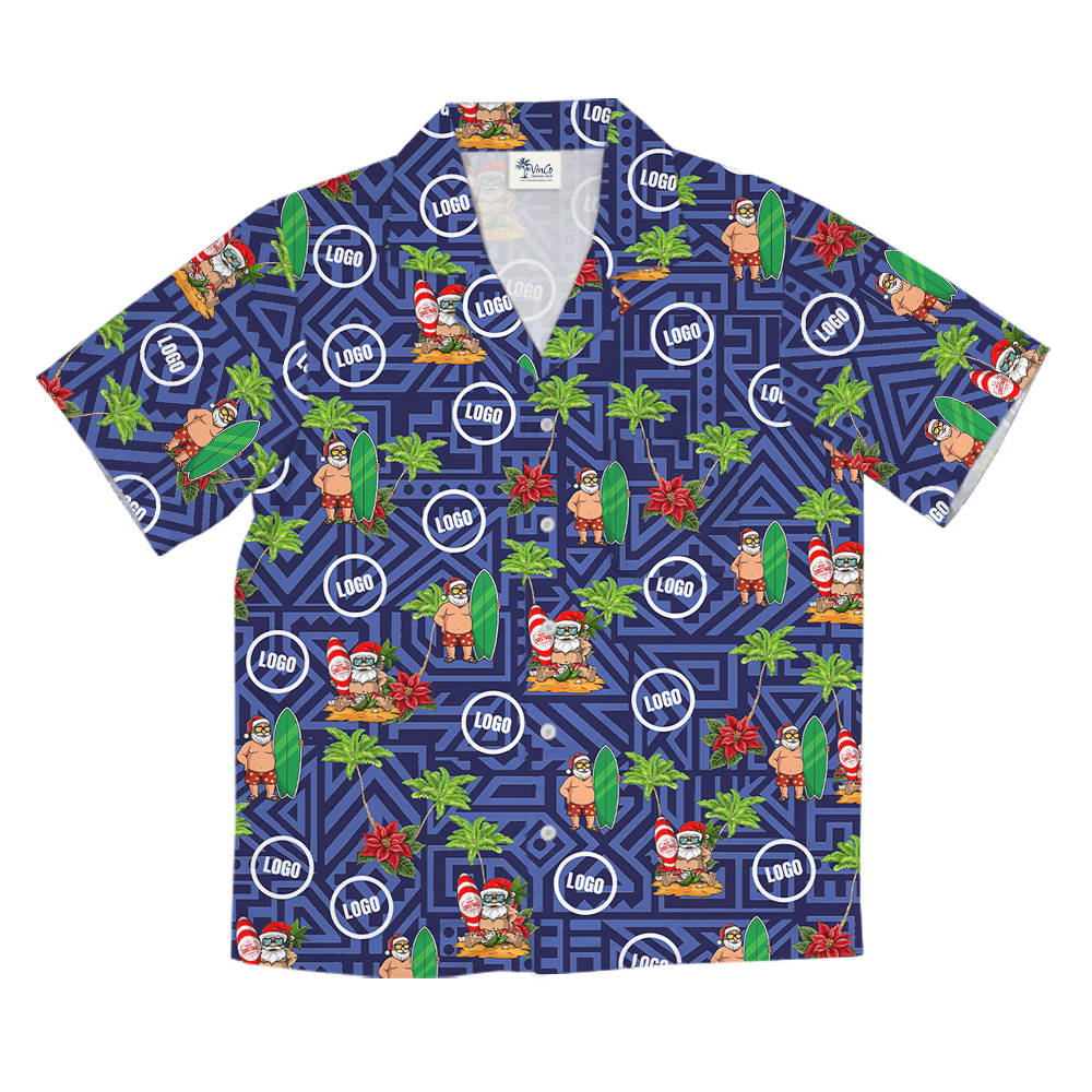 Geometric Blue Surfing Santa Tropical Hawaiian Shirt Christmas Custom Logo