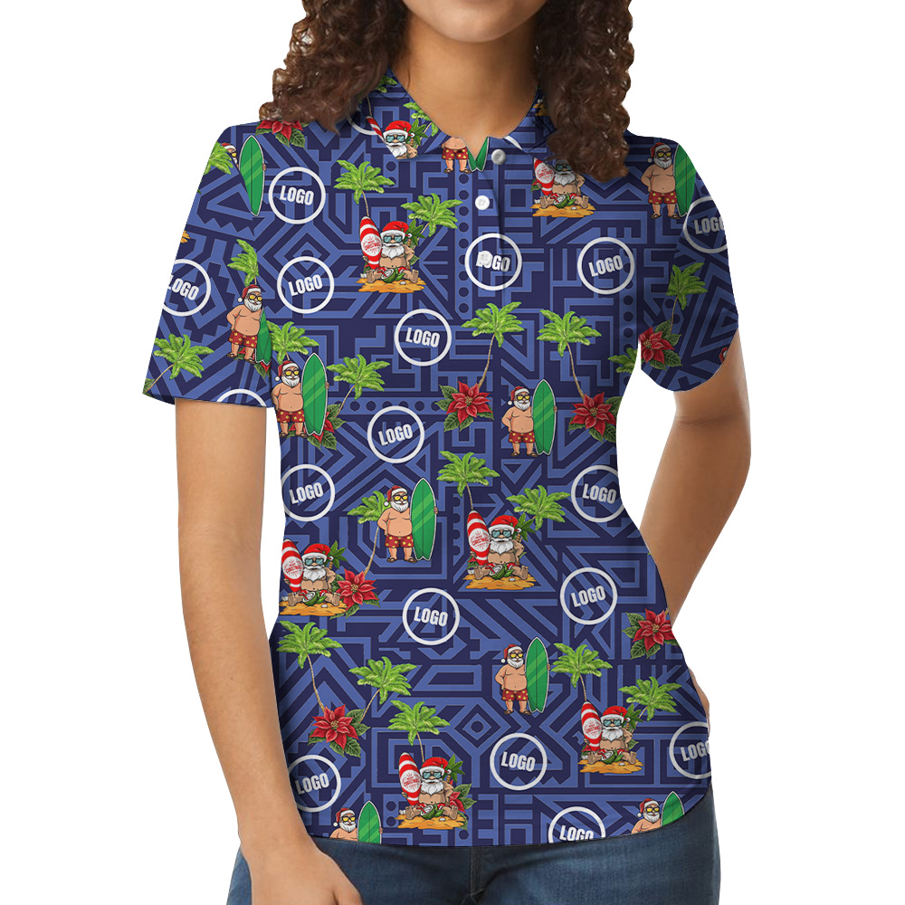Geometric Blue Surfing Santa Tropical Polo Shirt Christmas Custom Logo