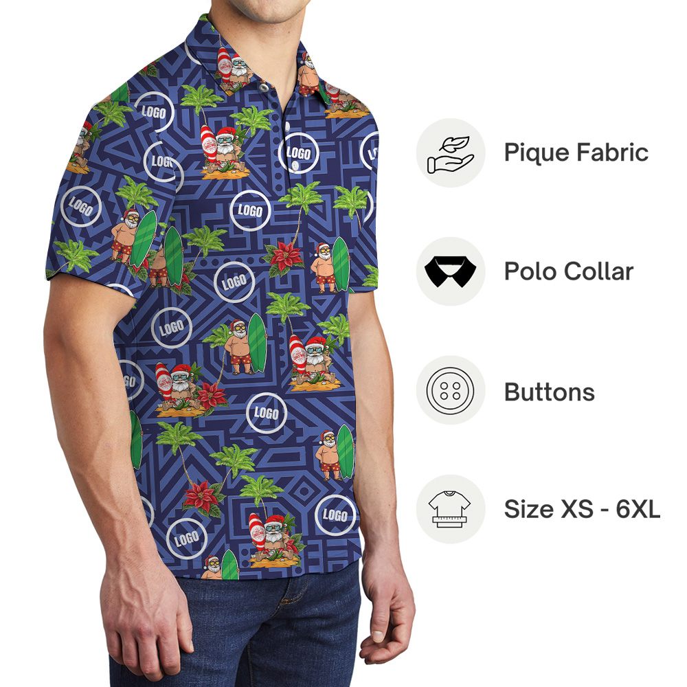 Geometric Blue Surfing Santa Tropical Polo Shirt Christmas Custom Logo