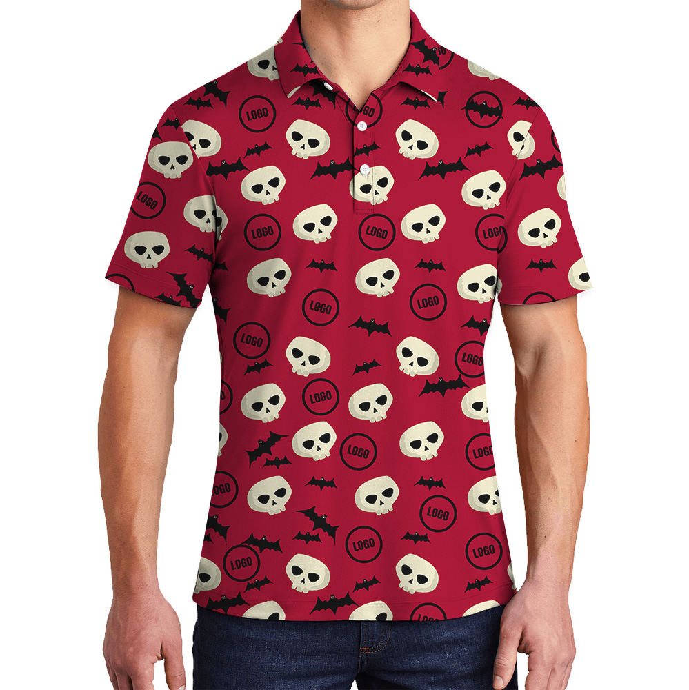 Custom Logo Bat Red Halloween Skulls Polo Shirt - variant image 1