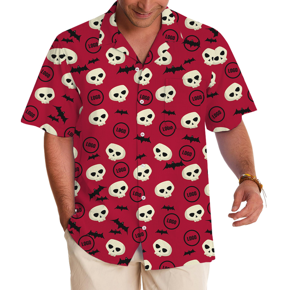 Red Halloween Skulls Bats Custom Logo Hawaiian Shirt - variant image 1