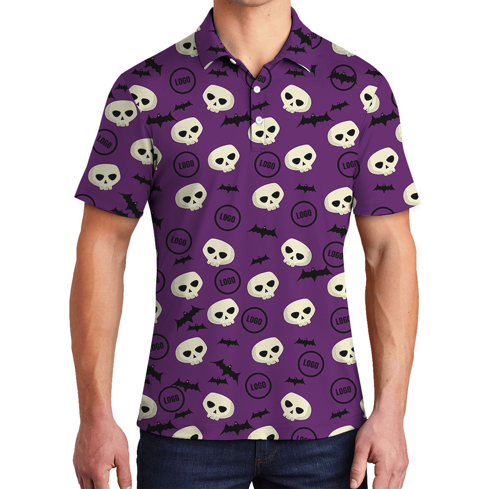 Custom Logo Purple Halloween Bats Skulls Polo Shirt - variant image 1