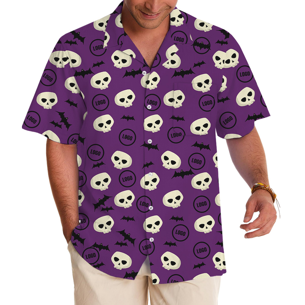 Purple Halloween Skulls And Bats Custom Logo Hawaiian Shirt - variant image 1