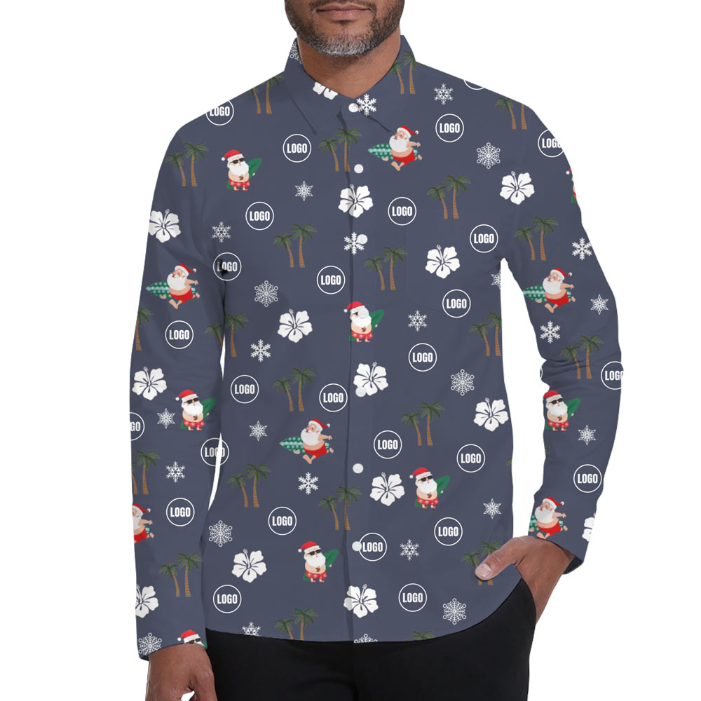 [Live Preview] Long Sleeves Tropical Christmas Happy Santa Custom Logo Hawaiian Shirt - variant image 1