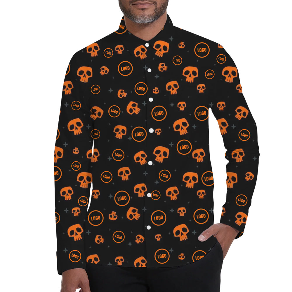 [Live Preview] Long Sleeves Custom Logo Halloween Skull Hawaiian Shirt - variant image 1